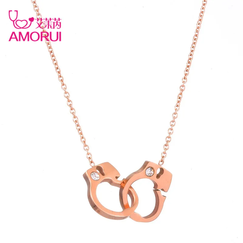 AMORUI Trendy Crystal Handcuff Round Women Rose Gold Silver Pendant Chain Necklace Stainless Steel Statement Women Choker