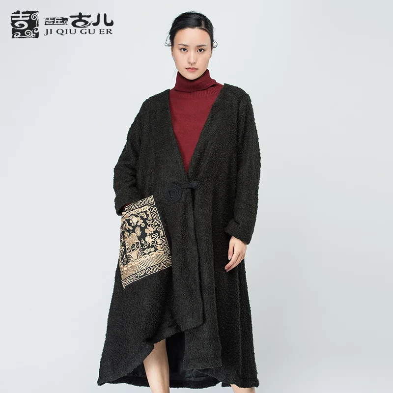 Jiqiuguer Original Design Women Vintage Winter Warm Coat Asymmetric Hem Long Outwear Ladies Embroidery Ethnic Outerwear G161Y021