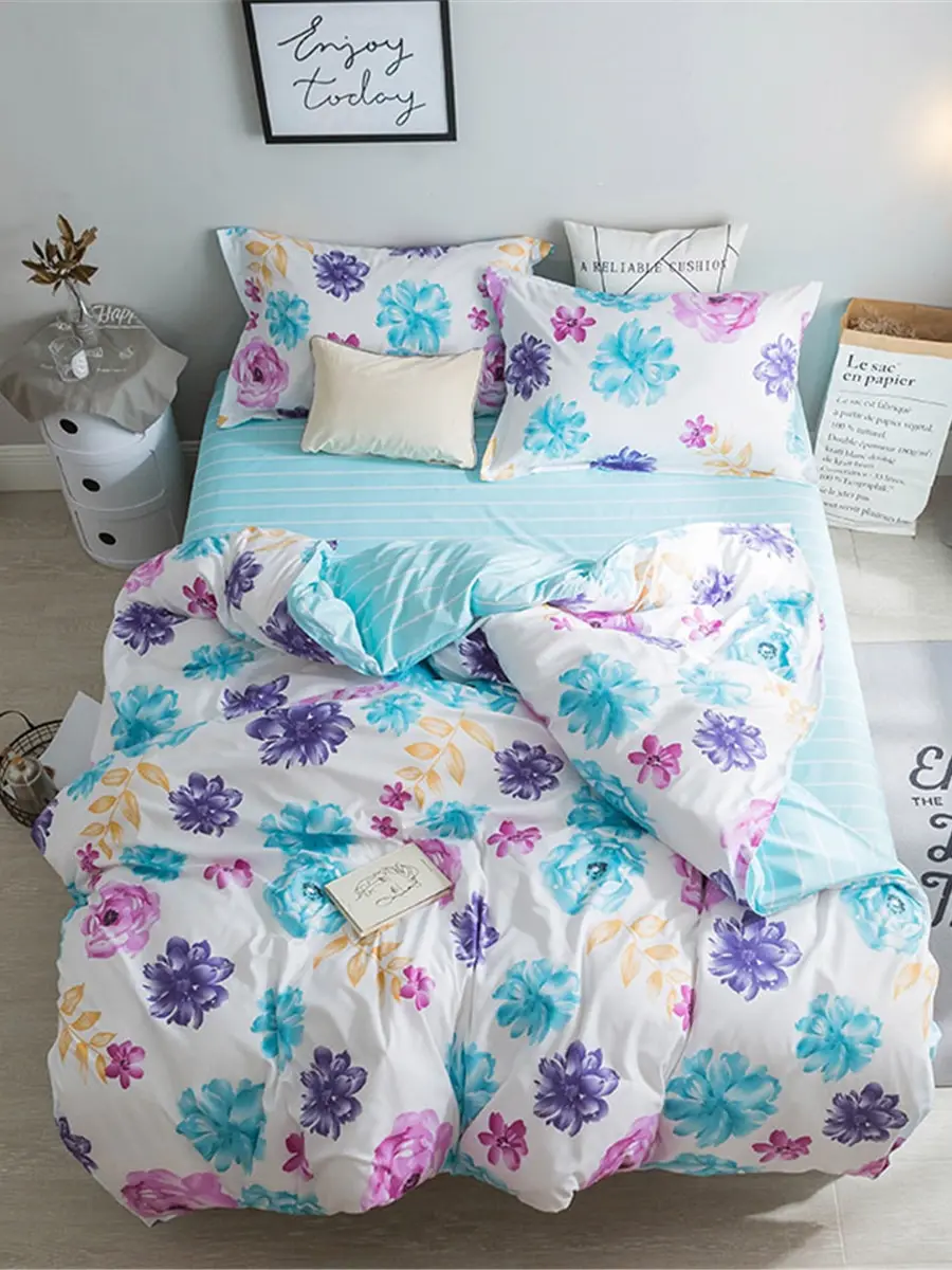 

4Pcs Duvet Cover Set Floral Color Block Simple Style Cozy Soft Bedding Set