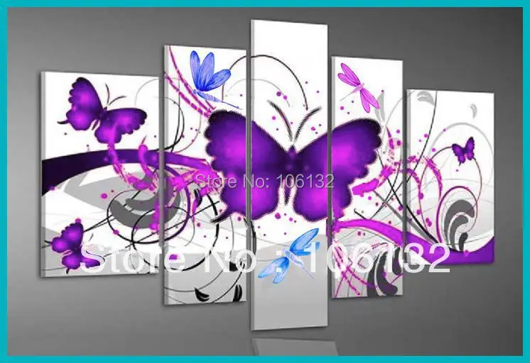 Framed 5 Panel Large Purple Butterfly Wall Art 5 Panel Canvas Painting