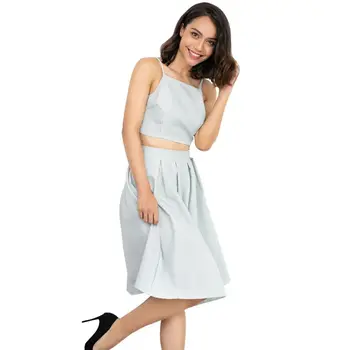 

Tube Top Camisole + High Waist Pleated Skirt Slim Strapless Crop Top+ Dress Set Summer Women Striped Skirt Sexy Two Pieces Set
