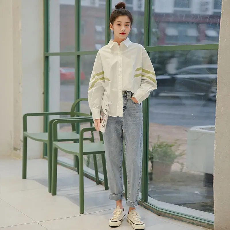 2019 Autumn New Women Shirt Korean Fashion Casual Design Sense Stripe Stitching Loose Boyfriend Style Female Shirts Long Sleeve