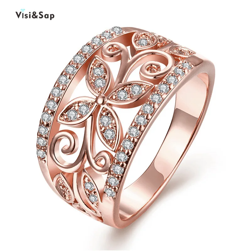 

Visisap Dropshipping Clover Pattern Flowers Rings for Women Rose Gold Color Shinning Zircon Lady Ring Fashion Jewelry B2131