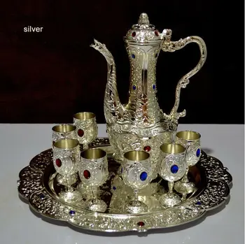 

10PCS/set antique embossed carved drinkware silver vintage ancient zinc alloy metal wine set 1 wine jar cup tray JJ008