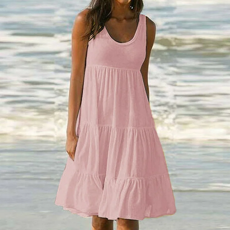 VIEUNSTA Платье женское праздничное летнее однотонное платье без рукавов для пляжной вечеринки сексуальное Плиссированное Повседневное платье с круглым вырезом для женщин 5XL Vestido - Цвет: Pink