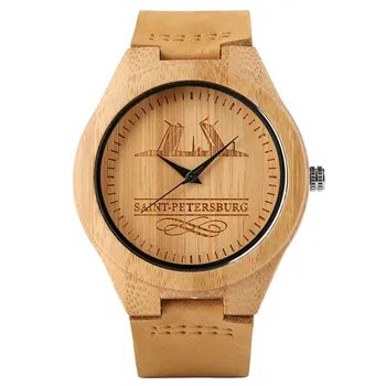 

New Arrival Bamboo Men Quartz Wristwatch Saint Petersburg Design Dial Genuine Leather Band Hand-made Clock Male Watch Best Gift