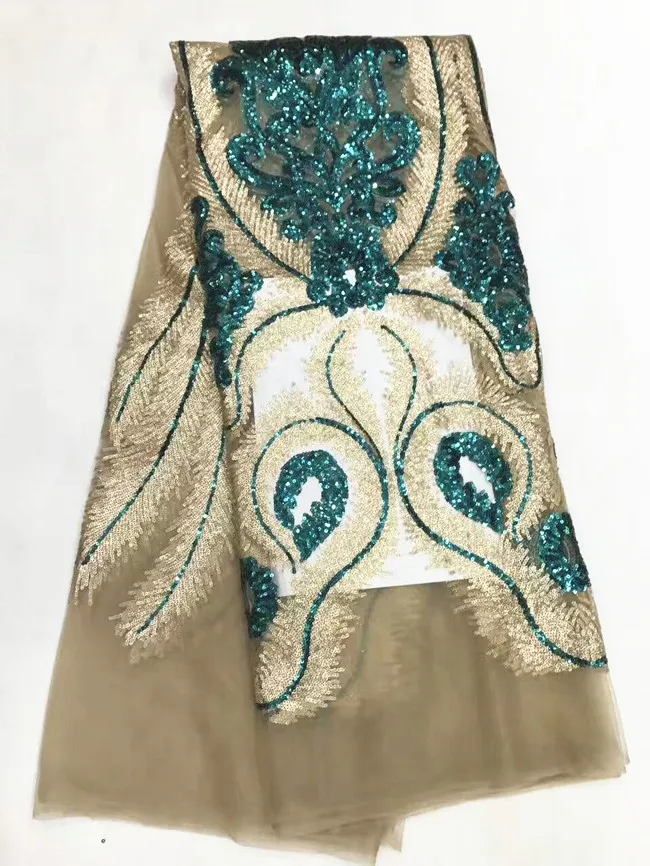 

5 Y/pc Fashionable brown french net lace fabric with green sequins decoration african mesh lace for clothes LJ23-4
