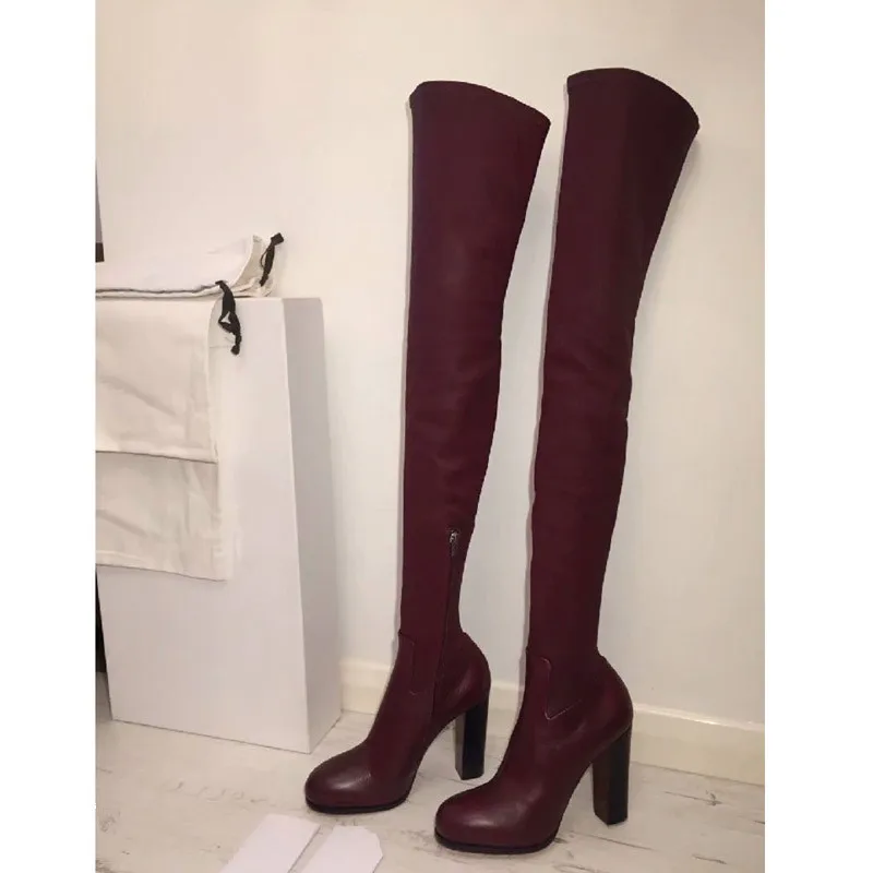 Knsvvli Genuine Leather Chunky Heel Women Thigh High Boots Autumm Tighten Botas Mujer Stretch Boots Fashion Over The Knee Boots - Цвет: Wine Red