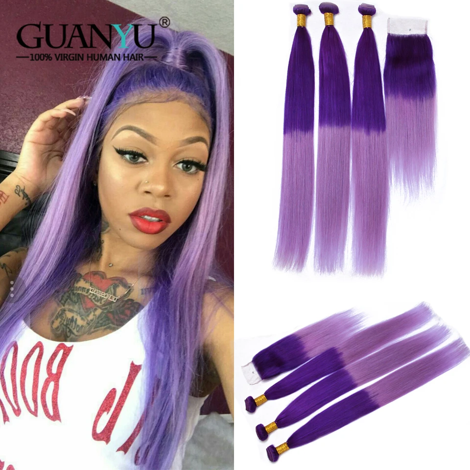 Guanyuhair Light Purple Peruvian Ombre Hair 3 Bundles With 4x4