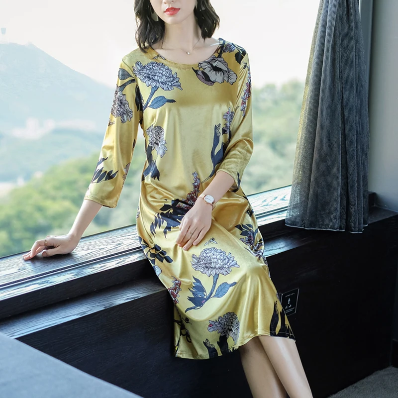 

Yellow dress women autumn winter 2018 clothes plus size large big robe midi party dresses print floral elegant vintage Chinese