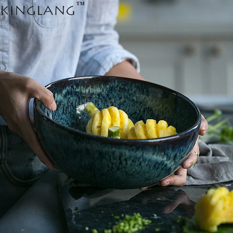 

1PC Japanese Style Ceramic Peacock Pattern Large Capacity Salad Bowl Soup Bowl Tableware