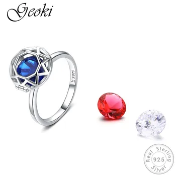 

Geoki 925 Sterling Silver 3 Colors Cubic Zirconia Ring Original S925 Red&Blue Stone Cage Ring Authentic Brand Jewelry
