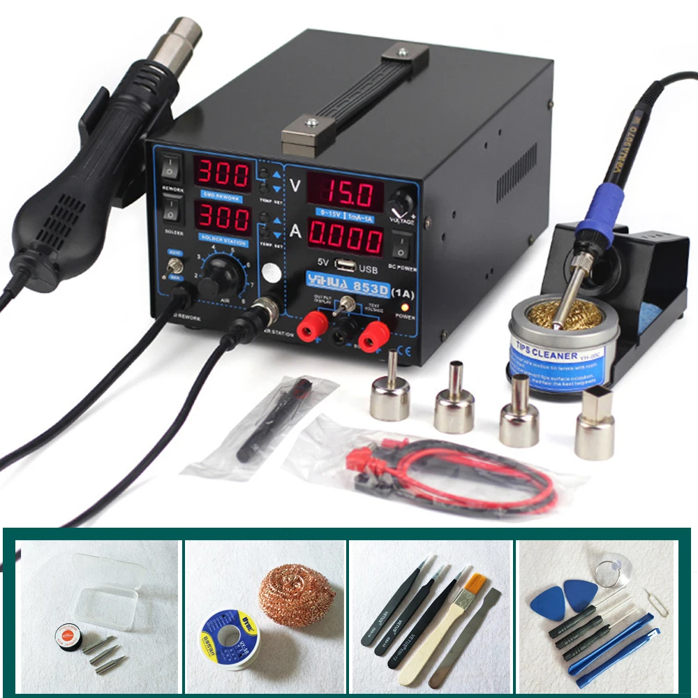 Мобильный телефон ремонт 3 в 1 паяльная станция+ паяльник+ блок питания фена паяльная станция YIHUA-853D 1A
