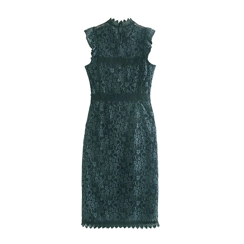 

Klacwaya women new elegant lace dress 2019 fashion ladies slim dresses see through girls ruffled sleeve chic dress femme