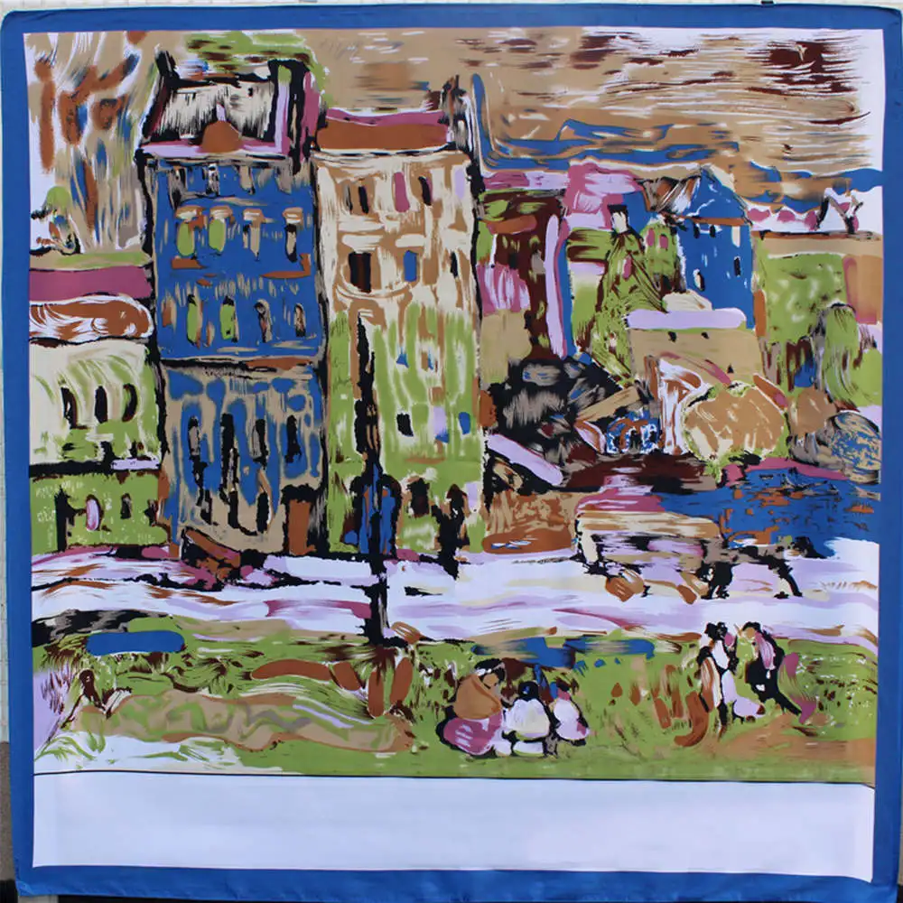 Квадратные шарфы, женские шелковые шарфы, шали Ван Гога, красный дом, живопись, платок, роскошные художественные шарфы, летние, разноцветные, 90*90 см - Цвет: Синий