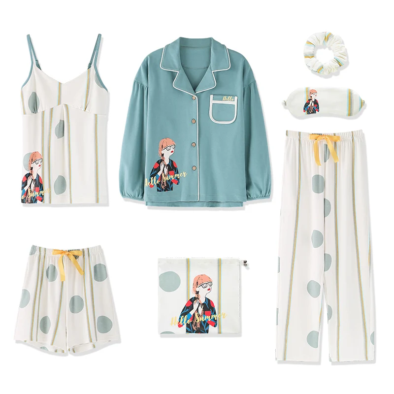 

Autumn Winter 7PCS 100% Cotton Comfortable Turn Down Collar Pajamas Sets Casual Women Home Sweet Soft Print Pattern Nightwear