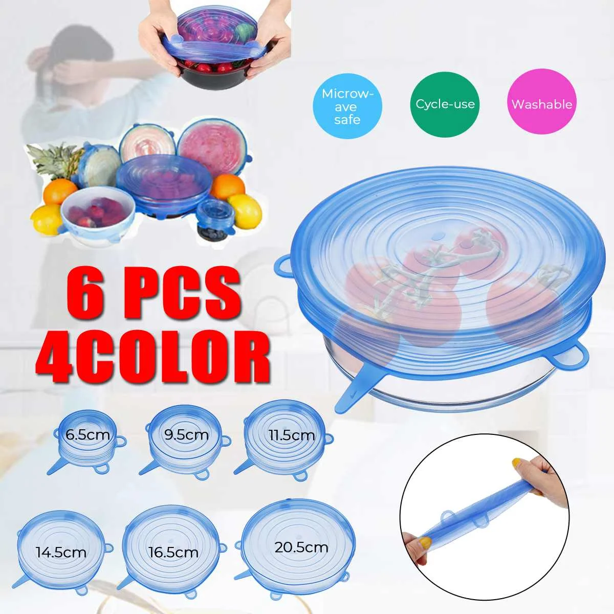 

6pcs Silicone Reusable Stretch Lids Universal Lid Food Fruit Wrap Bowl Pot Silicone Lids Cover Pan Cooking Kitchen Tools Gadget