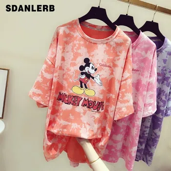 

New Korean Camouflage Long T Shirt Women Summer Plus Size Short Sleeve Cartoon Print Tee Shirt Students Loose Tops