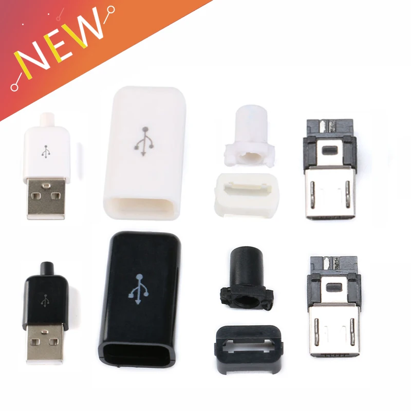 

5 PCS/Set 4 in 1 DIY Micro USB Male Plug Connectors Kit w/ Covers Black White