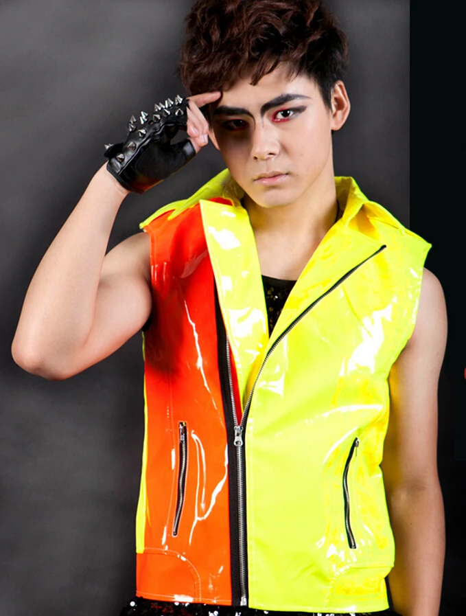 XS-XXXL! Мода года мужская одежда персонализированные неоновые разноцветная с устойчивым каблуком кожаный жилет мотоциклиста певица костюмы одежда