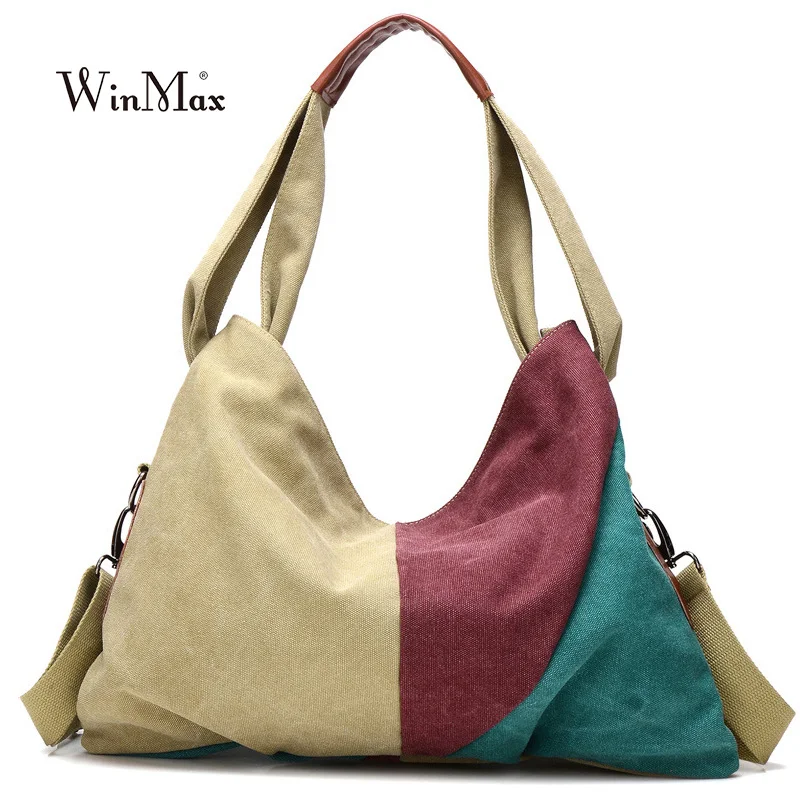 

Winmax Canvas Women Messenger Bags High Quality half moon Tote Big Handbag rainbow panelled top-handle Bag long Strap belt bolsa