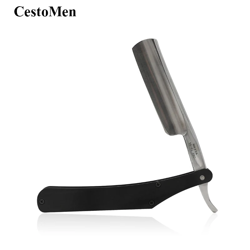 

CestoMen Straight Edge Carbon Steel Sharp Blade Razor Knife Stainless Pocket Folding Knife Shaver For Barber Hair Beard Shaving
