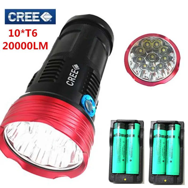 10T6 flashlight 18650 20000Lm 10x CREE XM L T6 waterproof recharger