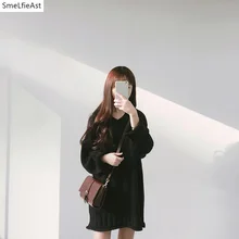 

2018 SLA Autumn Spring Women V-neck Flare sleeve Sweater Dress Female Long-sleeve Sweater Loose Pullover Medium-long Top Knitted
