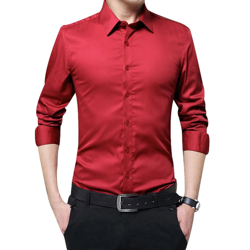 Новое поступление, мужские рубашки с длинным рукавом, облегающие однотонные деловые формальные рубашки на осень - Цвет: wine red