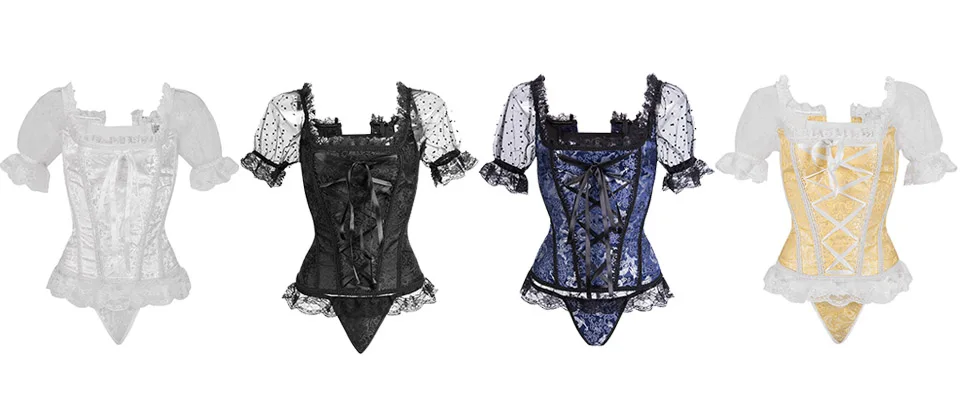 Corset Women Corsets and Bustiers Gothic Lace Up Puff Sleeve Shoulder Straps Brocade Corselet Steampunk Corset Top Black White   (8)
