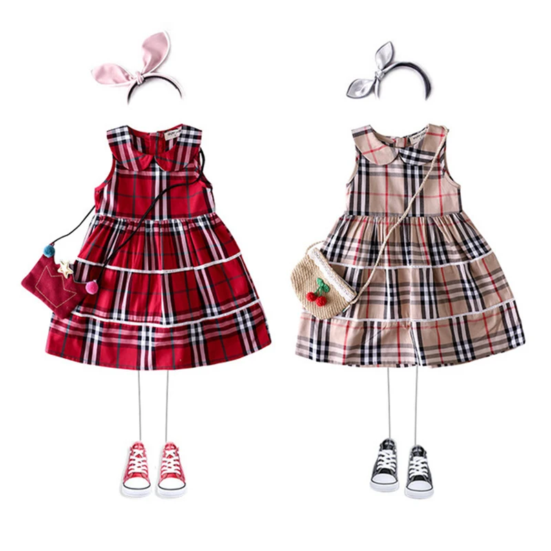 

HSSCZL 2019 new Girls dresses kids baby summer girl dress Middle small children sleeveless Princess Lapel plaid dress party 3-8Y