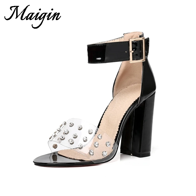 Maigin Summer Women Sandals Chunky Heels Transparent Summer Shoes 2018 Rivet Buckle Strap Footwear Cover Heel Black Ladies Shoes
