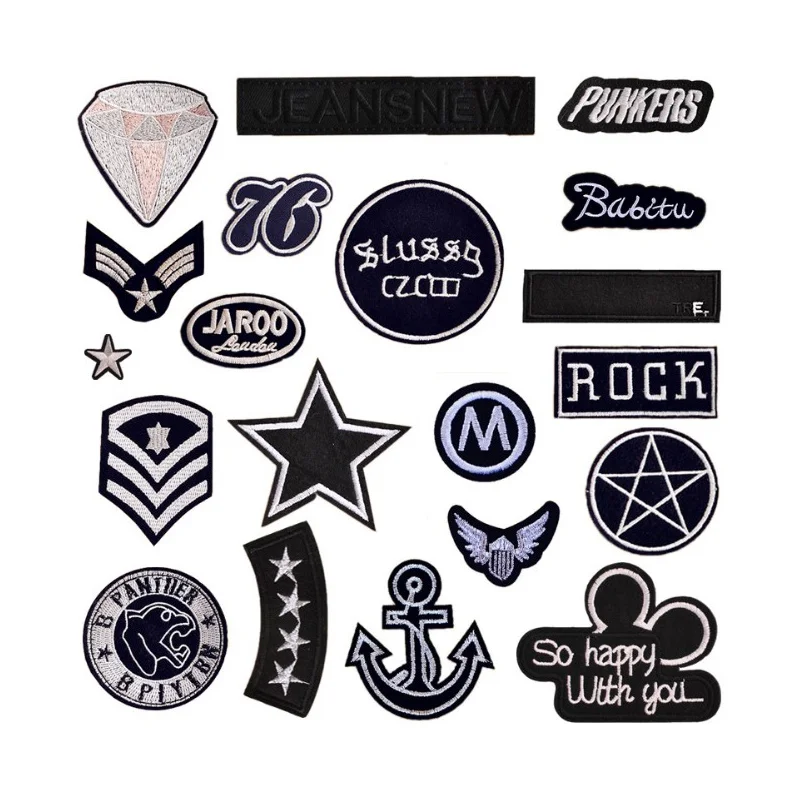 

Black White Star Anchor Diamond Letter M ROCK Patches Iron On Or Sew Fabric Sticker For Clothes Badge Embroidered Appliques DIY