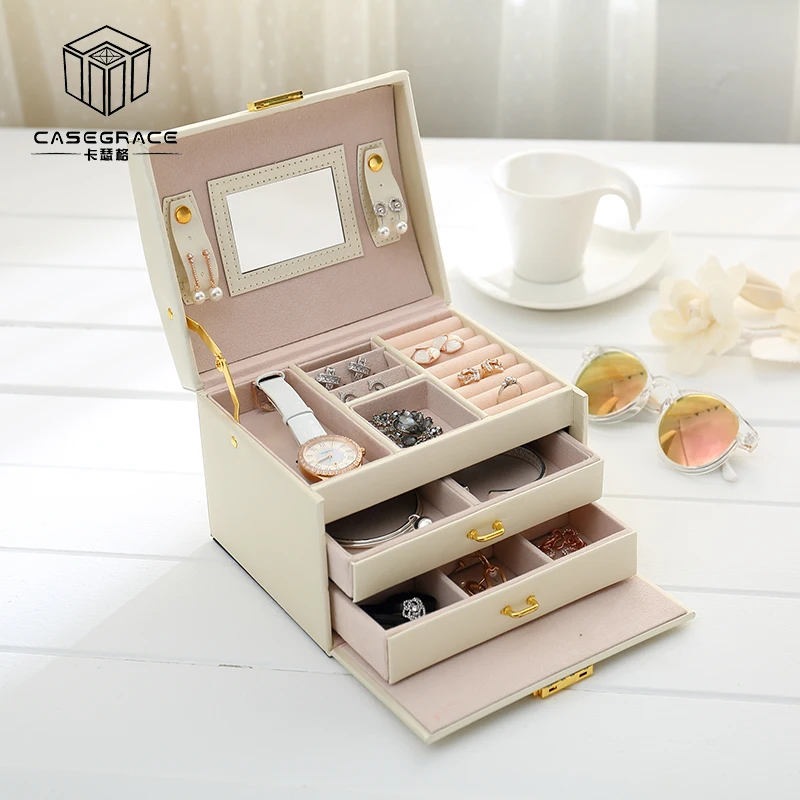 

Casegrace exquisite lock jewelry storage organizer box bin present for women leather drawer semi-automatic storage boxes 01111