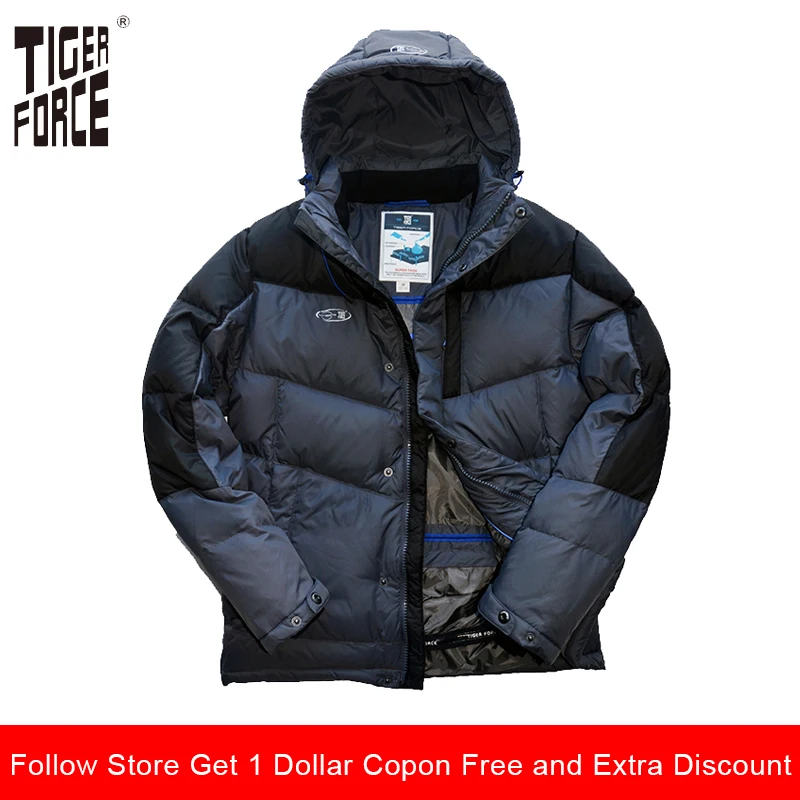 TIGER FORCE Men Fashion Down Jacket 70% White Duck Winter Warm Hooded Coat Patchwork Rib Cuff Free Shipping D-473 | Мужская одежда