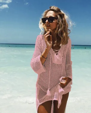 Saida De Praia, летняя пляжная одежда, платье, туника, парео для женщин,, юбка, Вязанная, открытая, бандажная, длинная, кафтан, Пляжная накидка - Цвет: pink