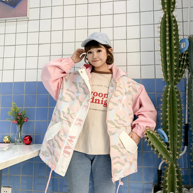 

Spring Autumn Women's New large size hooded letters embroidery Harajuku bf wind loose camouflage baseball uniform female jacket