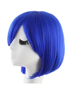 

Cosplay Wig Fei-Show Synthetic Heat Resistant Fiber Wavy Diamond Blue Inclined Bangs Hair Short Salon Party Women Hairpiece