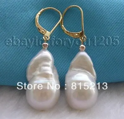 

wb00272 Genuine Natural 23mm White Reborn Keshi pearl Earrings 14k