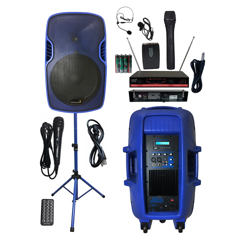

STARAUDIO 15" 3500W Powered Active DJ Bluetooth Speaker PA Stand Wired Mic 2CH Wireless VHF Handheld Headset Microphone SSBM-15