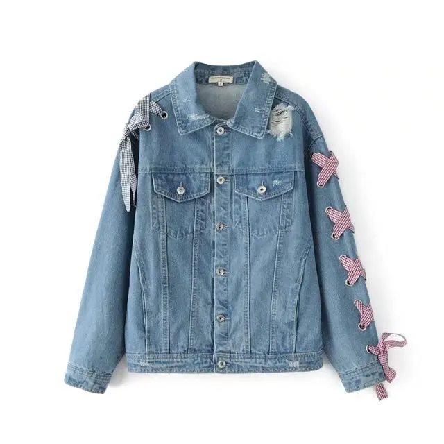 Avec Arcs up Denim 2017 Wishbop Lavé Veste Boyfriend Femme Bleu Bouton Nouvelle Attachées Retour À Longues Dentelle Trous up Poches Manches n47O7qvAx