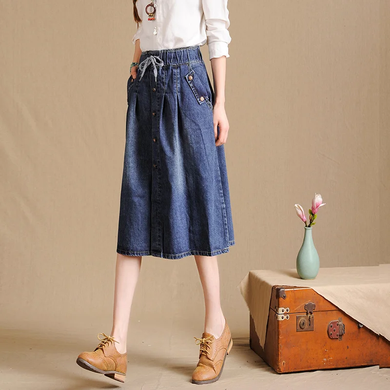 Cotton casual skirts for women plus szie elastic waist button empire A