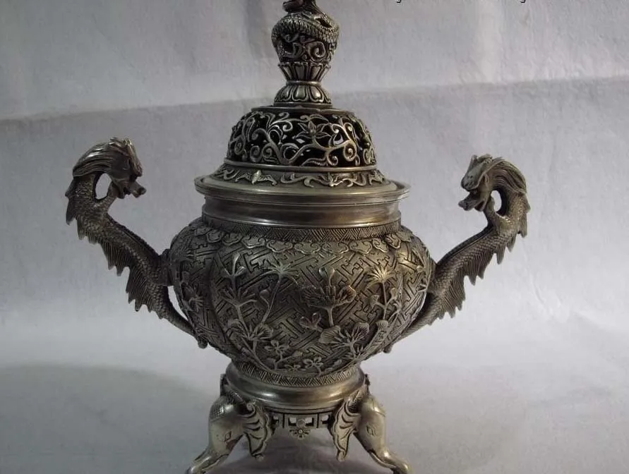 

Chinese bronze silver-gilt Dragon 3 elephant Leg flower censer incense burner