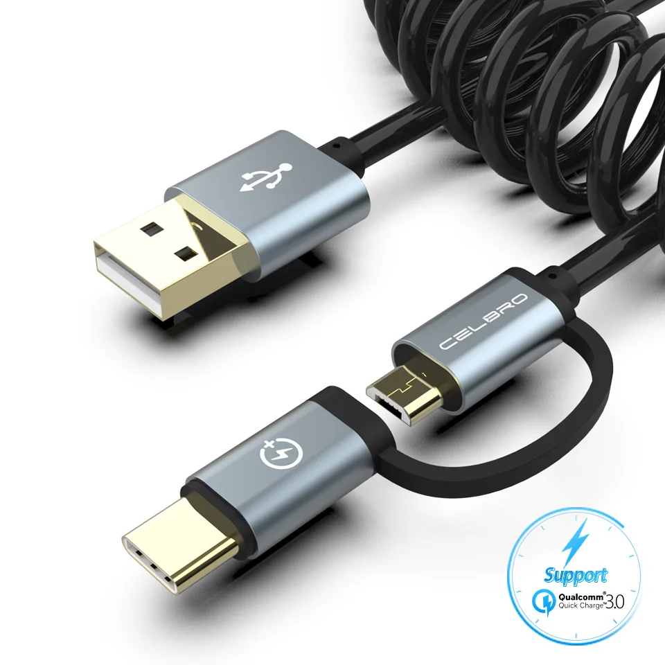 Выдвижной Micro usb кабель для передачи данных Тип usb C 2in1 для спортивной камеры Xiao mi 8 SE 6X mi 6 mi A1 mi x 2 S 2 QC 3,0 быстрой зарядки Tipe C спиральный провод - Цвет: Gray