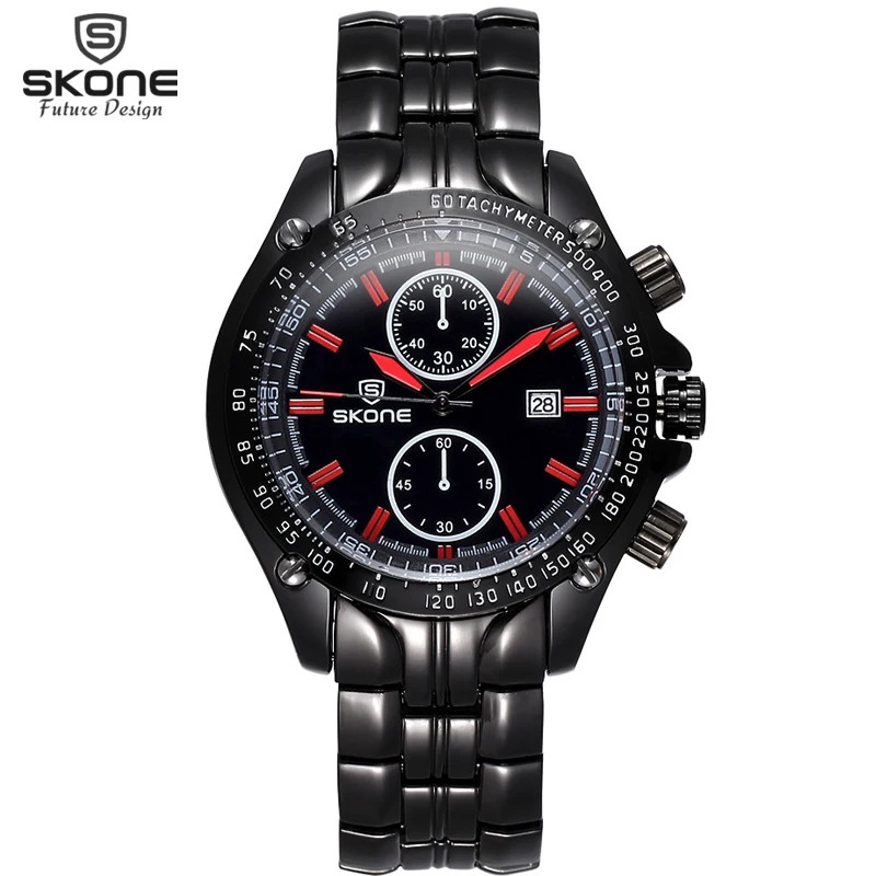 

SKONE Luxury Brand Full Stainless Steel Watch Black Analog Sport Mens Quartz Business Casual WristWatch Military relogio Male