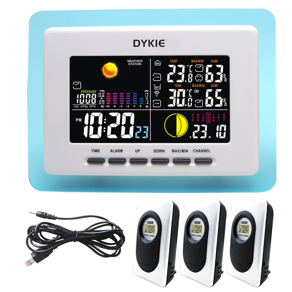 

DYKIE Wireless Color Backlight Weather Station Indoor Outdoor Thermometer Hygrometer Barometer Digital Alarm Clock, 3 Sensors
