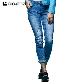 

GLO-STORY Women's Full Length Stretch Skinny Jeans Woman Back Fur Pocket with Diamond Fashion Jeans For Slim Femme WNK-5876