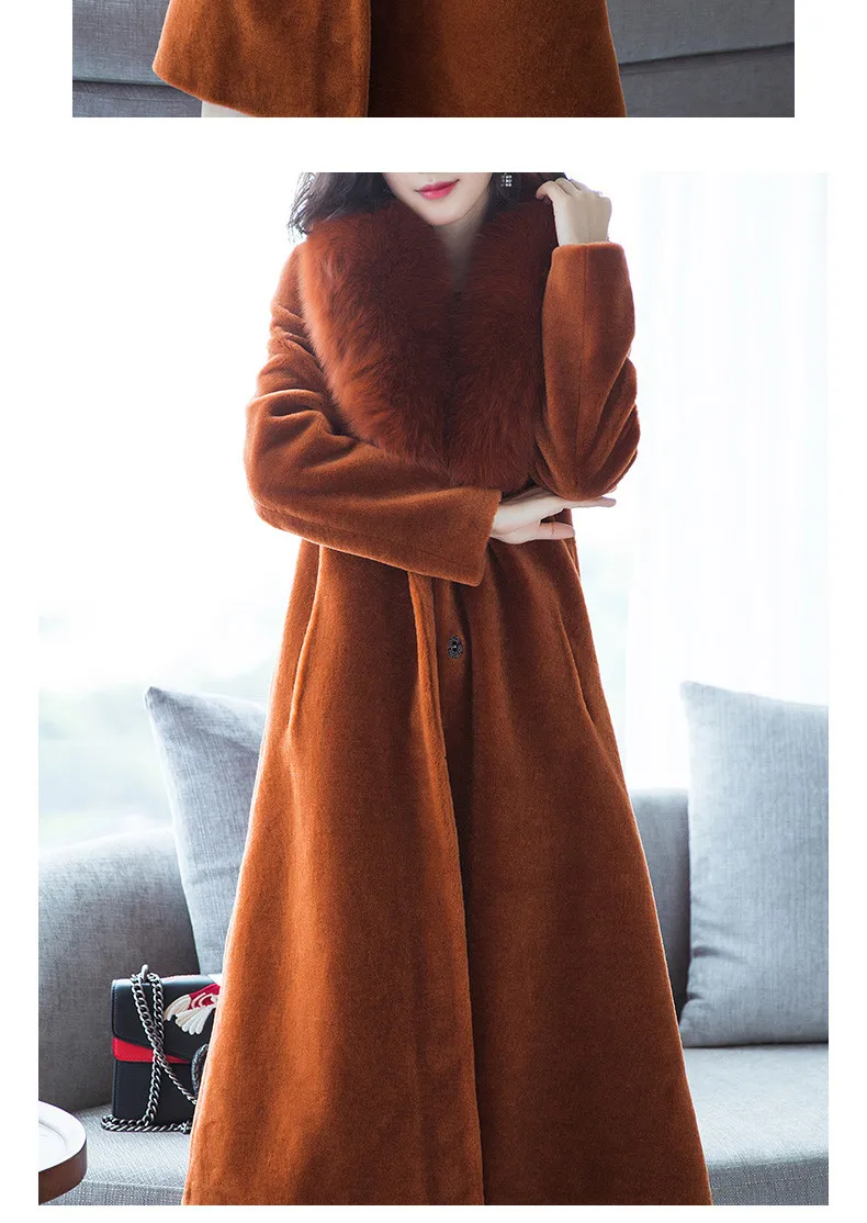 AYUNSUE, Женское зимнее пальто из овечьей шерсти, большой натуральный Лисий меховой воротник, длинное теплое пальто из натурального меха, Куртки из натуральной шерсти 17030