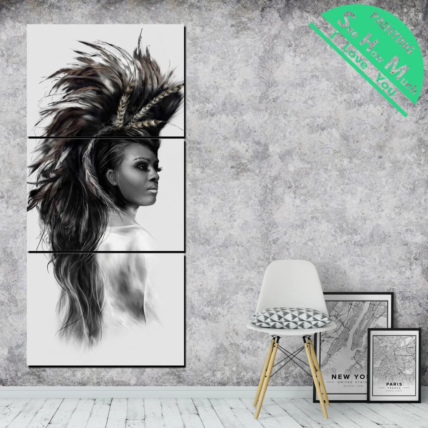 дешево! 3 Шт. Девушка под павлиньими перьями Wall Art HD Печатные Холст Картины с Картинками Украшения для Лучший!