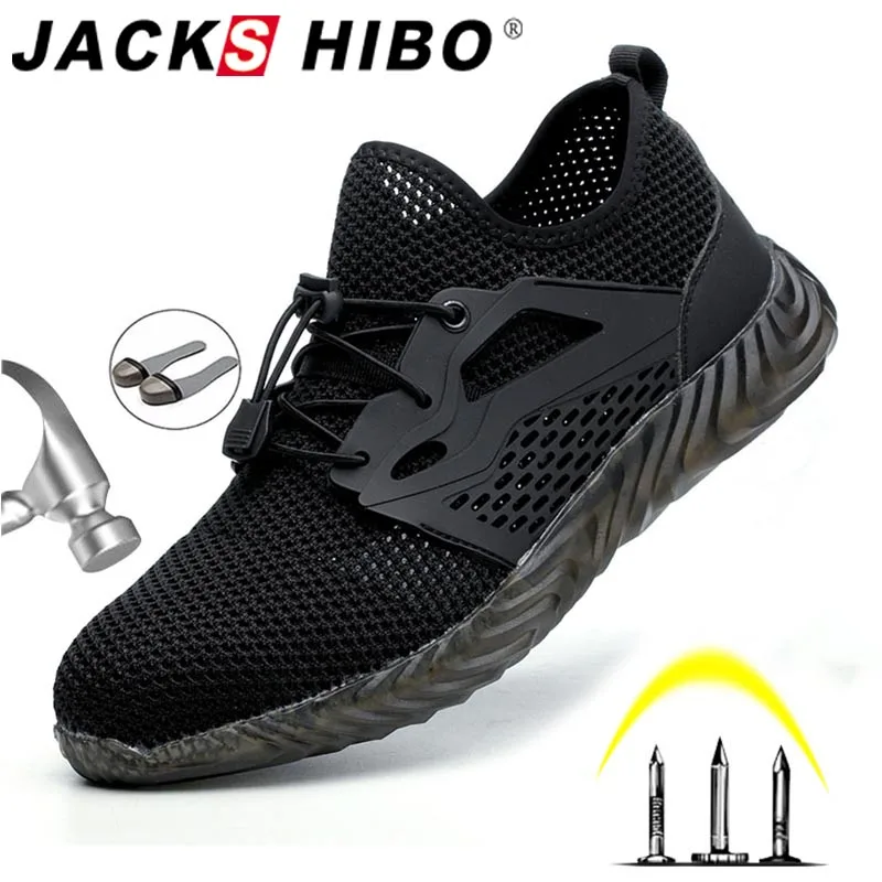 JACKSHIBO أحذية أمان الأحذية للرجال الذكور الصيف تنفس أحذية عمل غطاء صلب لأصبع القدم الذكور البناء سلامة العمل